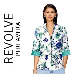 NWT Revolve x Perlavera Cindy Cos Ivy Aqua Printed Three Quarter Sleeve Shirt